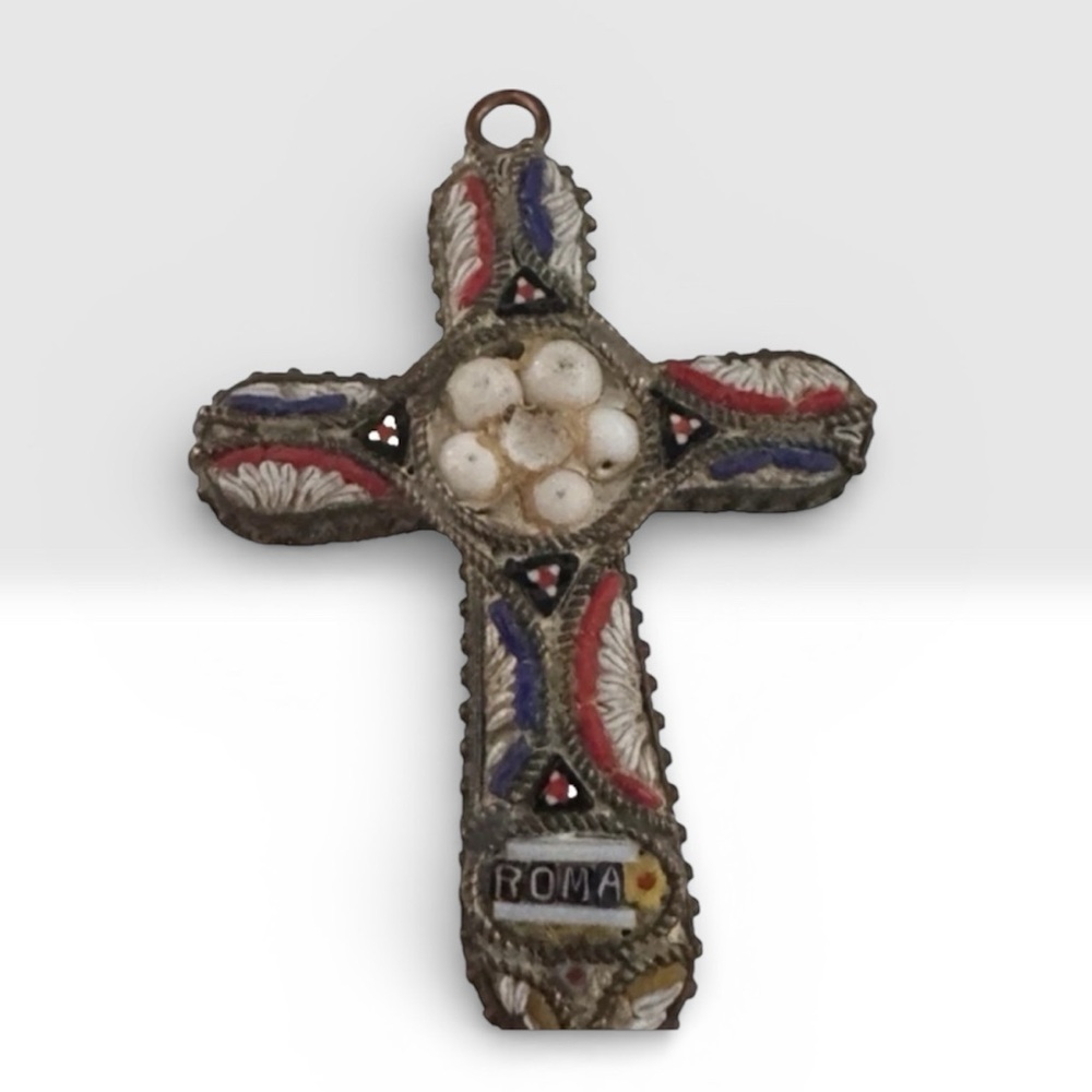 Vtg Italian Micro Mosaic CROSS Pendant Gold Tone Signed Rare Roma
